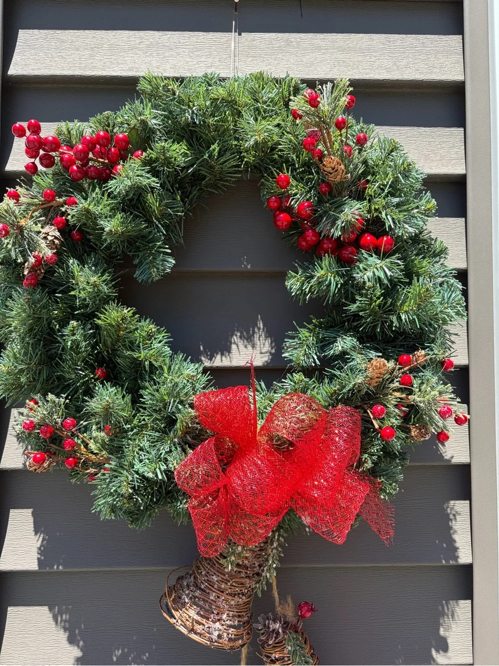 Festive Pine Holiday Wreath with Red Berries & Bells